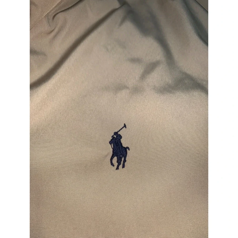 Polo Ralph Lauren Mens Tan Windbreaker Jacket Stowaway Hood Fleece Lined Large